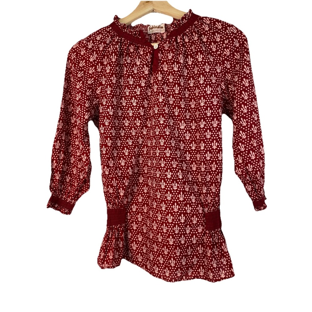 Fabindia Women's XS Burgundy 3/4 Puff Sleeve Peplum Boho Blouse